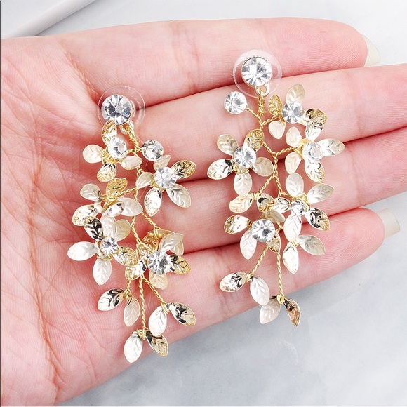 Jewelry - Delicate Gold and Crystal Flower Bridal Earrings